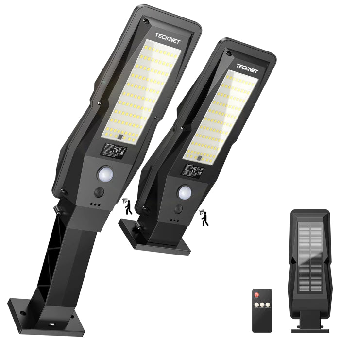 Two solar street lights with remote control on a white background, featuring the brand 'TeckNet'.