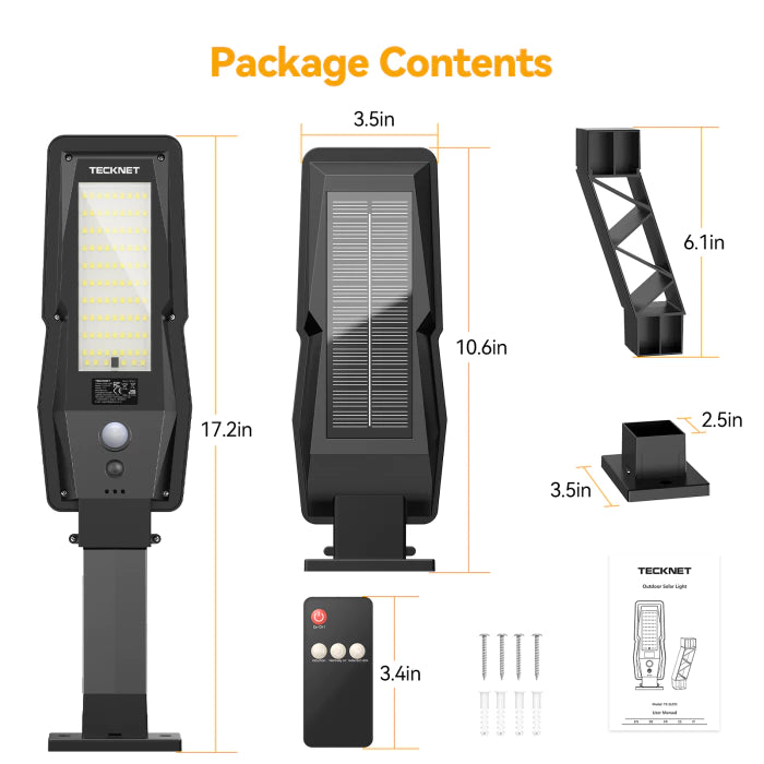 Package contents of a solar street light with dimensions and Tecknet branding.
