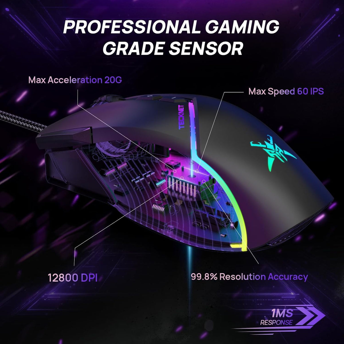 Wired Gaming Mouse, 12,800 DPI with Optical Sensor, 8 Programmable Buttons, 13 RGB Backlit Modes, Ergonomic Design, Custom Software Gaming Mice for Laptop,PC