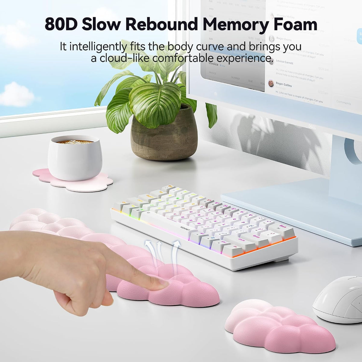 TECKNET Ergonomic Cloud Keyboard Wrist Rest Set, Pain Relief, Non-Slip with Coaster for Laptop, Office, Gaming - Gradient Pink