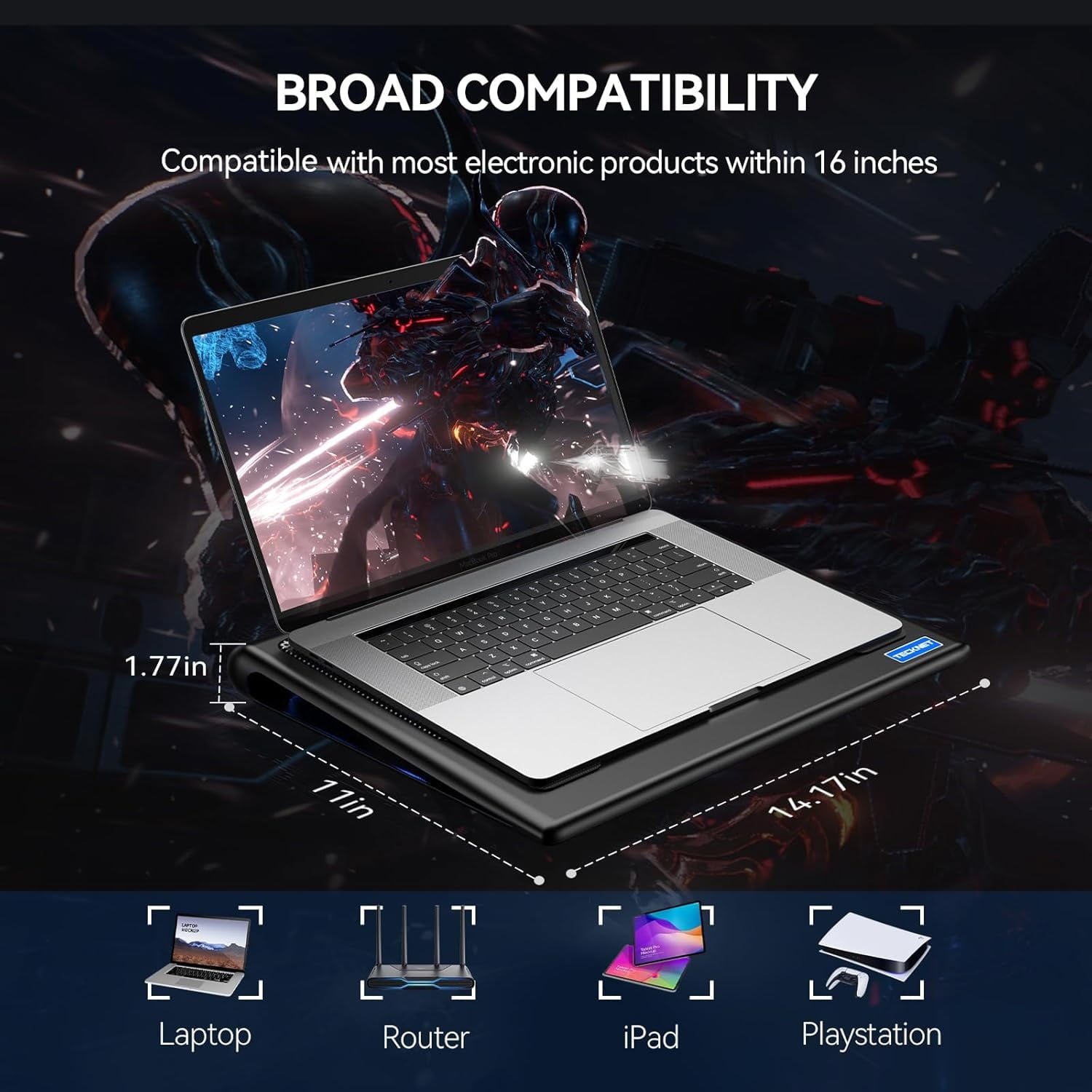 TECKNET BASICS Laptop Cooling Pad, Ultra-Quiet Cooler with Adjustable Fan Speeds, USB Powered Stand for 12-15.6" Gaming Laptops - Blue