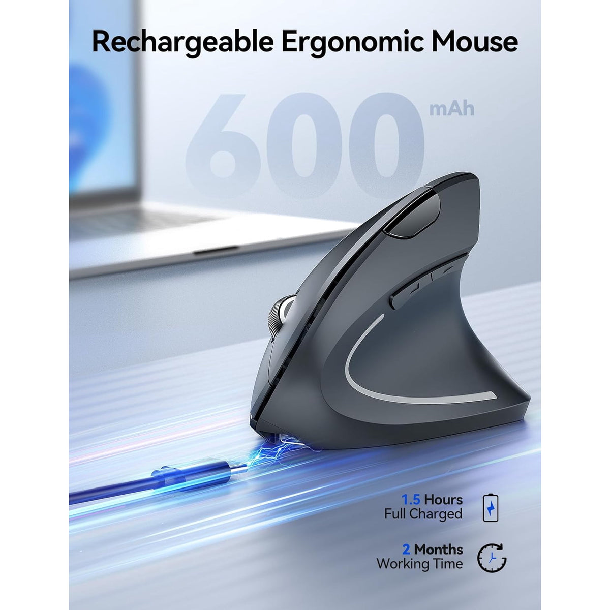 Rechargeable Wireless Ergonomic Mouse,2.4GHz USB Vertical Mouse with Silent Click,4800 DPI Mouse with 6 Adjustable DPI,6-Button Computer Mouse for Laptop,PC, MacBook (No Batteries Needed)