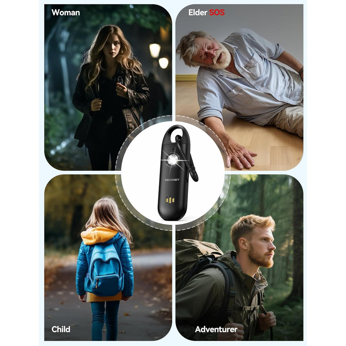 TECKNET Personal Safety Alarm, 130dB Rechargeable Keychain with Strobe Light & Low Battery Alert for Women, Men, Kids, Seniors - Black
