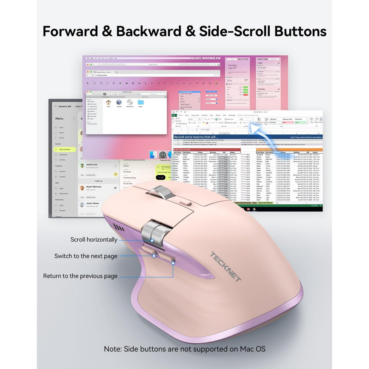 TECKNET Wireless Mouse, Bluetooth Mouse (BT5.3/5.0 & 2.4G) Rechargeable Ergonomic Optical Mouse with 6 Adjustable DPI, Side Scroll, Quiet Clicks, USB A Receiver, 7 Buttons, Wide Compatibility - Pink