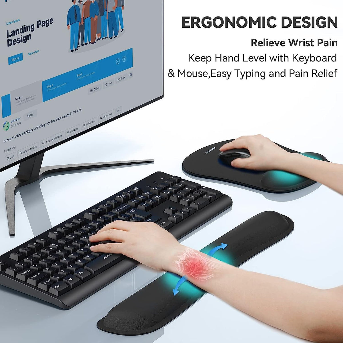 TECKNET BASICS Keyboard Wrist Rest & Mouse Pad Set, Ergonomic Memory Foam Support for Computer/Laptop, Pain Relief & Easy Typing - Black
