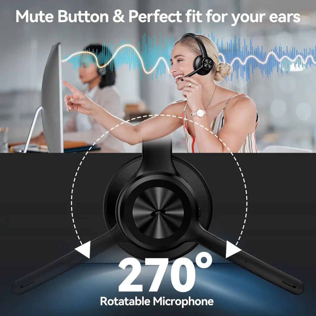 TECKNET TK‑HS012 Bluetooth V5.2 Headphones Mute‑Button & 270° Rotatable Microphone Ergonomic Perfect‑Fit Wearing Business Conference Wireless Office Headset