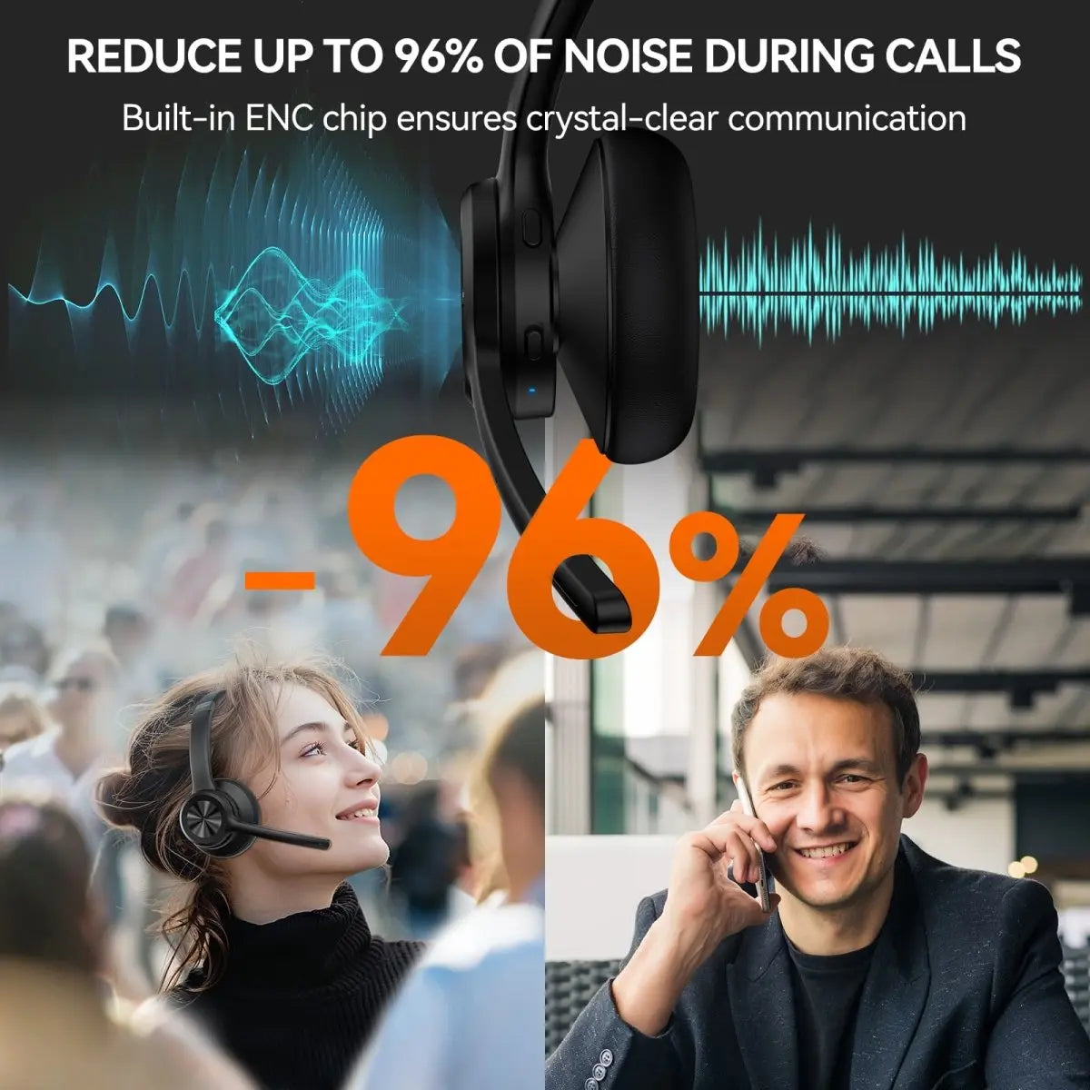 TECKNET TK‑HS012 Bluetooth V5.2 Headphones Built‑in ENC Chip Reduce Up To 96% Call‑Background‑Noise Crystal‑Clear Voice Business Conference Wireless Headset