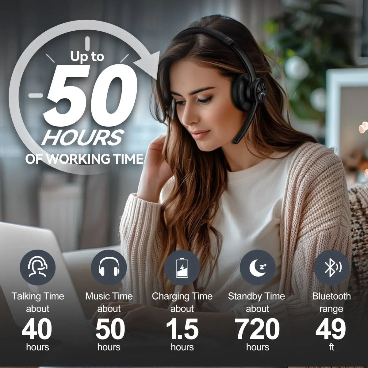 TECKNET TK‑HS012 Bluetooth V5.2 Headphones Battery‑Performance Diagram Up To 50H Music Time 40H Talk‑Time 720H Standby 1.5H Fast‑Charge 49FT Wireless Range Business Office Headset