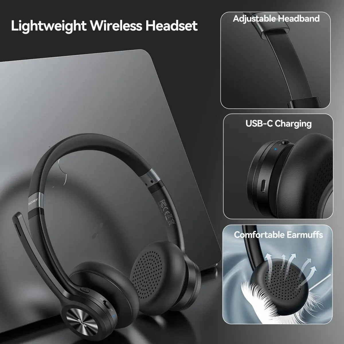 TECKNET TK‑HS012 Lightweight Wireless Bluetooth V5.2 Headphones Adjustable Headband USB‑C Charging Soft Comfortable Earmuffs Ergonomic Business Office Headset