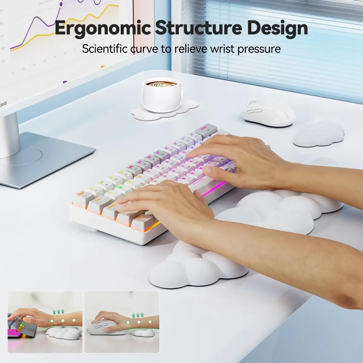TECKNET MGM01123 3‑in‑1 Ergonomic Wrist Rest Set Memory Foam PU Leather Non‑Slip Base Keyboard Mouse Wrist Pad with Coaster for Gaming Office 60%‑96‑Key Keyboard