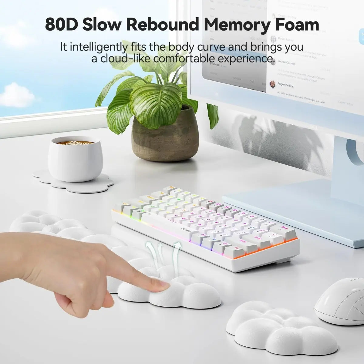 TECKNET MGM01123 3‑in‑1 Ergonomic Wrist Rest Set Memory Foam PU Leather Non‑Slip Base Keyboard Mouse Wrist Pad with Coaster for Gaming Office 60%‑96‑Key Keyboard