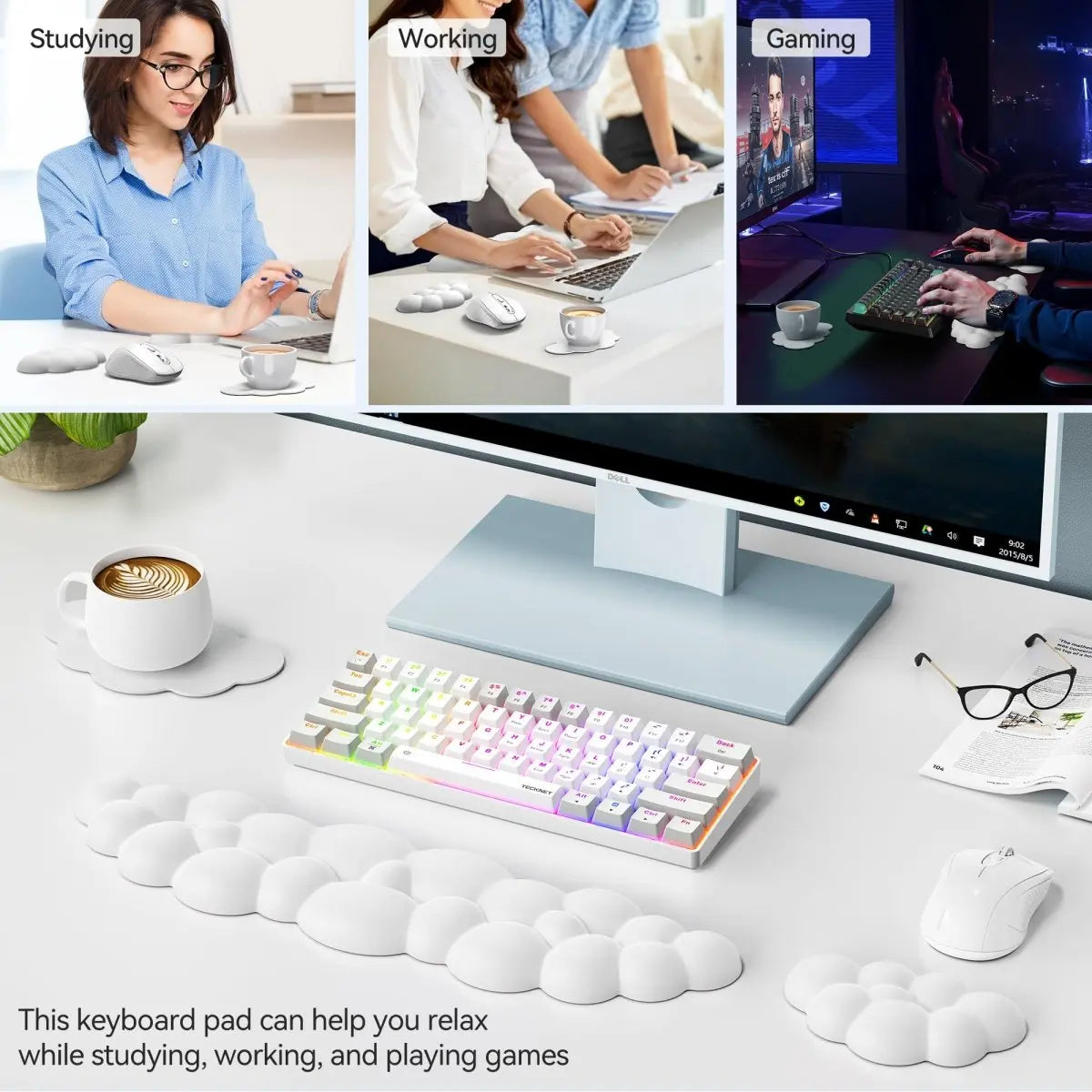 TECKNET MGM01123 3‑in‑1 Ergonomic Wrist Rest Set Memory Foam PU Leather Non‑Slip Base Keyboard Mouse Wrist Pad with Coaster for Gaming Office 60%‑96‑Key Keyboard