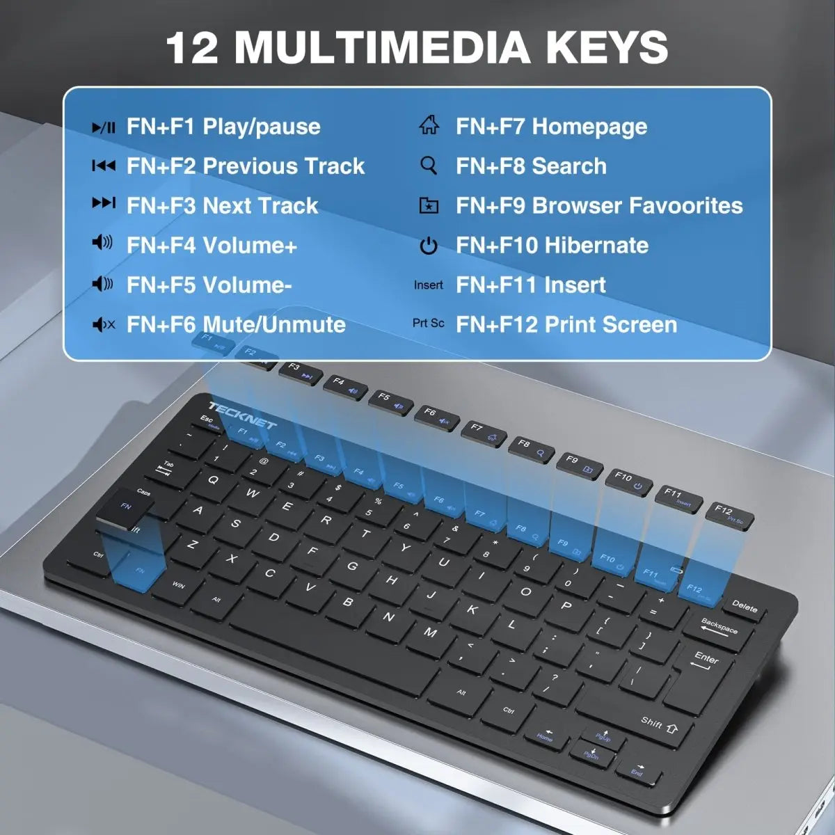 TECKNET X315 wireless keyboard 12 FN multimedia hotkeys media volume browser print‑screen shortcut keys