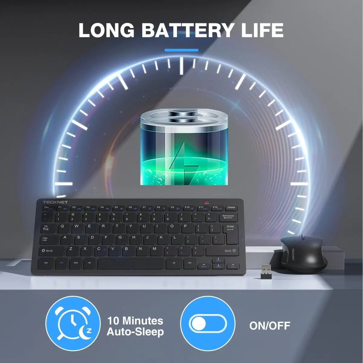 TECKNET X315 wireless keyboard mouse combo long battery life 10‑min auto‑sleep power‑saving on‑off switch