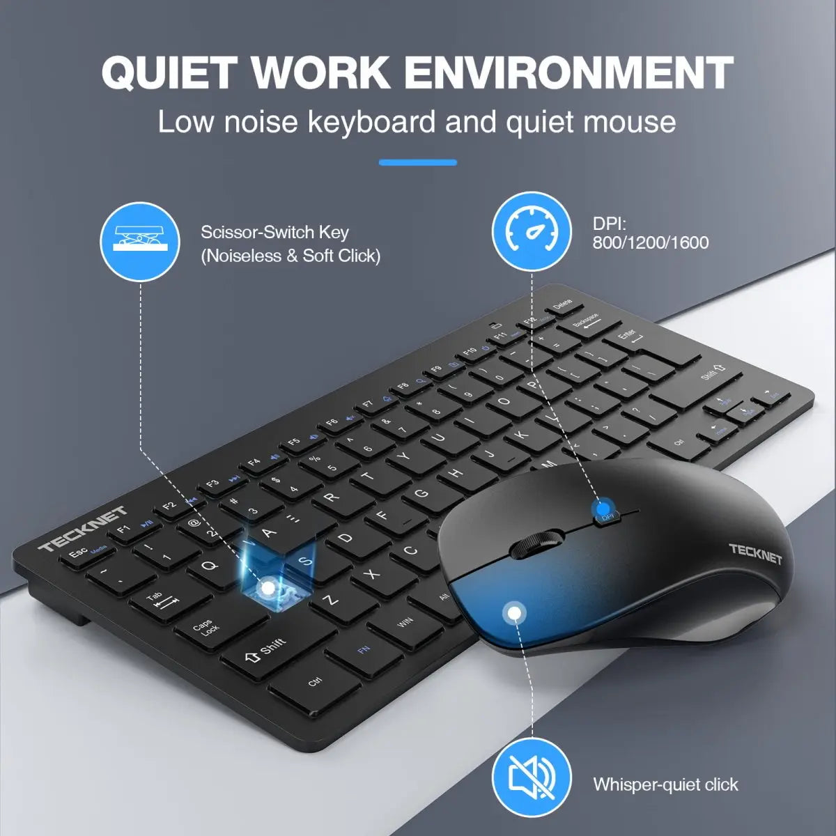 TECKNET X315 quiet wireless keyboard mouse set scissor‑switch keys silent click adjustable DPI office kit