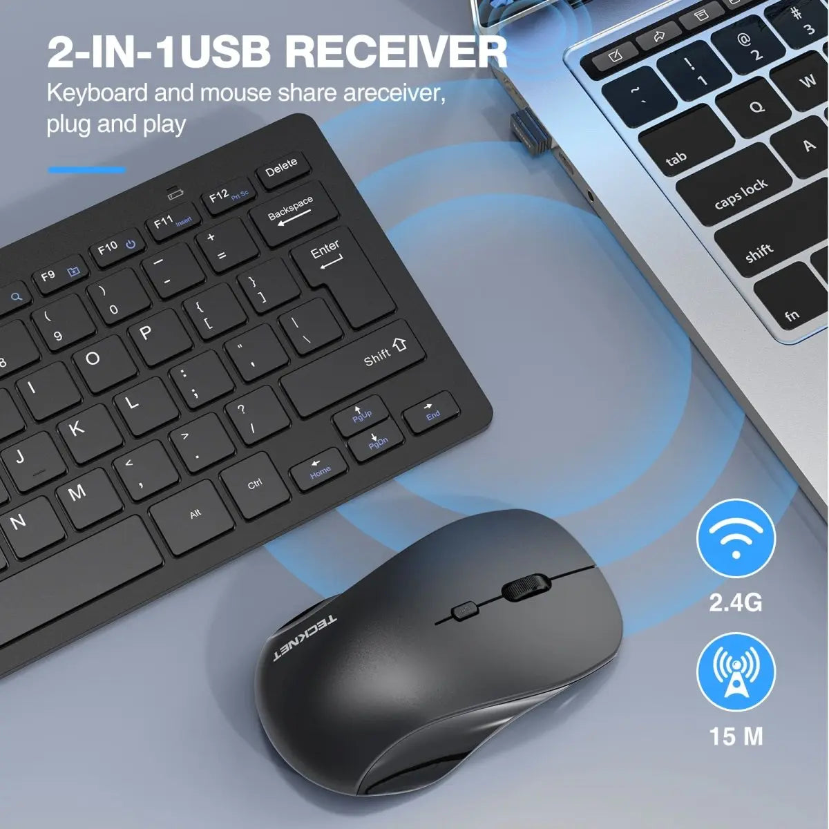 TECKNET X315 2‑in‑1 USB receiver 2.4G wireless keyboard mouse combo plug‑and‑play 15m stable range