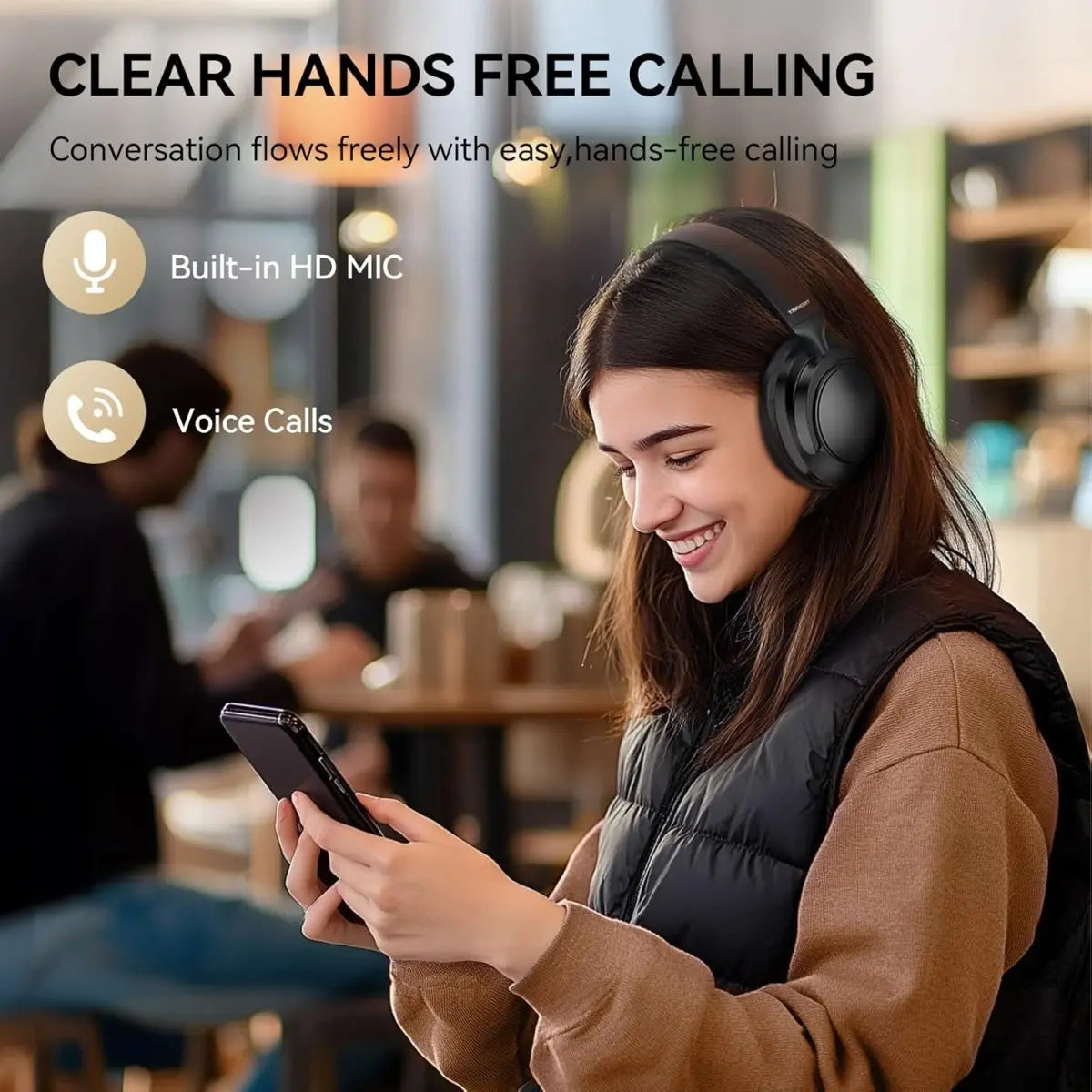 TECKNET TK‑HS013 ANC wireless over‑ear headphones cafe usage scene, built‑in HD microphone supports smooth crystal‑clear hands‑free voice calls for daily communication
