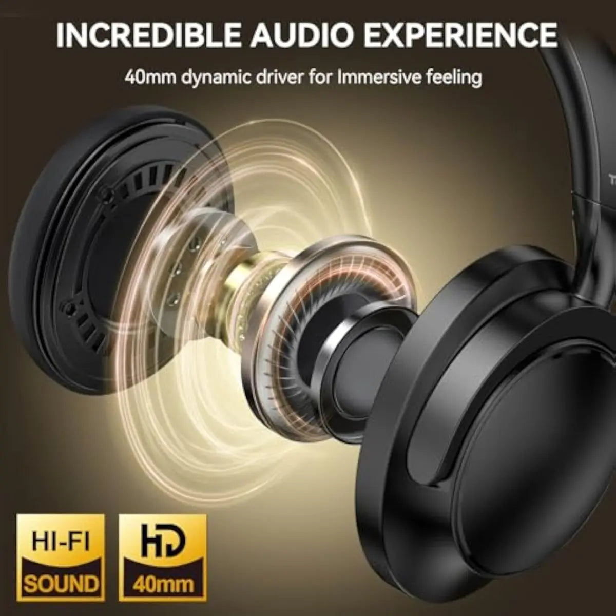 TECKNET TK‑HS013 wireless over‑ear headphones exploded‑view graphic, built‑in 40mm dynamic driver delivering Hi‑Fi HD immersive audio with deep bass and crisp treble