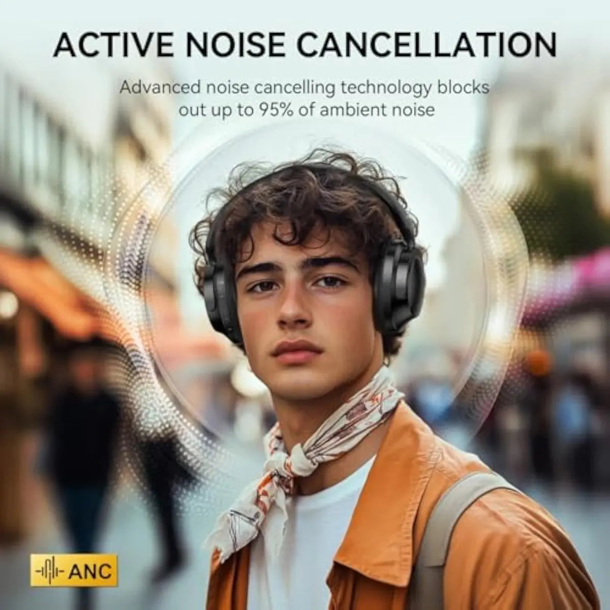 TECKNET TK‑HS013 ANC wireless over‑ear headphones active noise‑cancellation scene, blocks up to 95% ambient noise for quiet immersive audio on city street commute