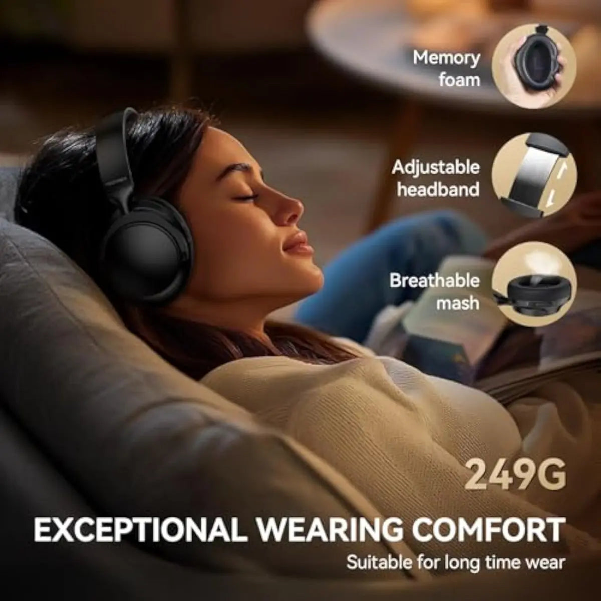 TECKNET TK‑HS013 ANC over‑ear headphones comfort feature graphic, lightweight 249g, memory foam earmuffs, adjustable headband breathable mesh for long‑time relaxing wearing experience