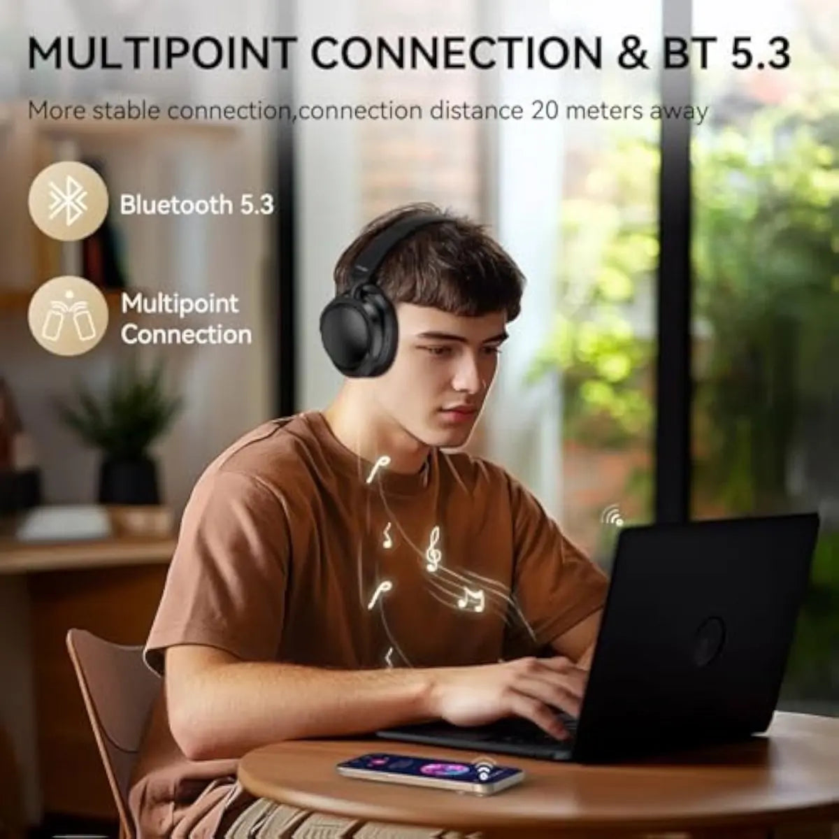 TECKNET TK‑HS013 ANC wireless headphones bluetooth 5.3 multipoint connection scene, stable 20‑meter wireless range for simultaneous connection with laptop and smartphone