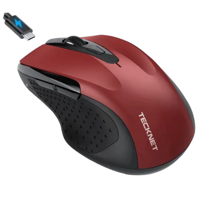 TECKNET rechargeable jiggler wireless mouse with dual bluetooth and 2.4G connectivity. Features 4800 DPI silent tracking and 6 buttons for laptop or PC setup.
