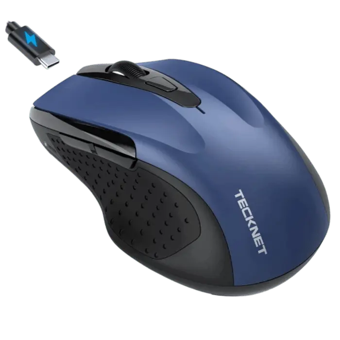 TECKNET rechargeable jiggler wireless mouse with dual bluetooth and 2.4G connectivity. Features 4800 DPI silent tracking and 6 buttons for laptop or PC setup.