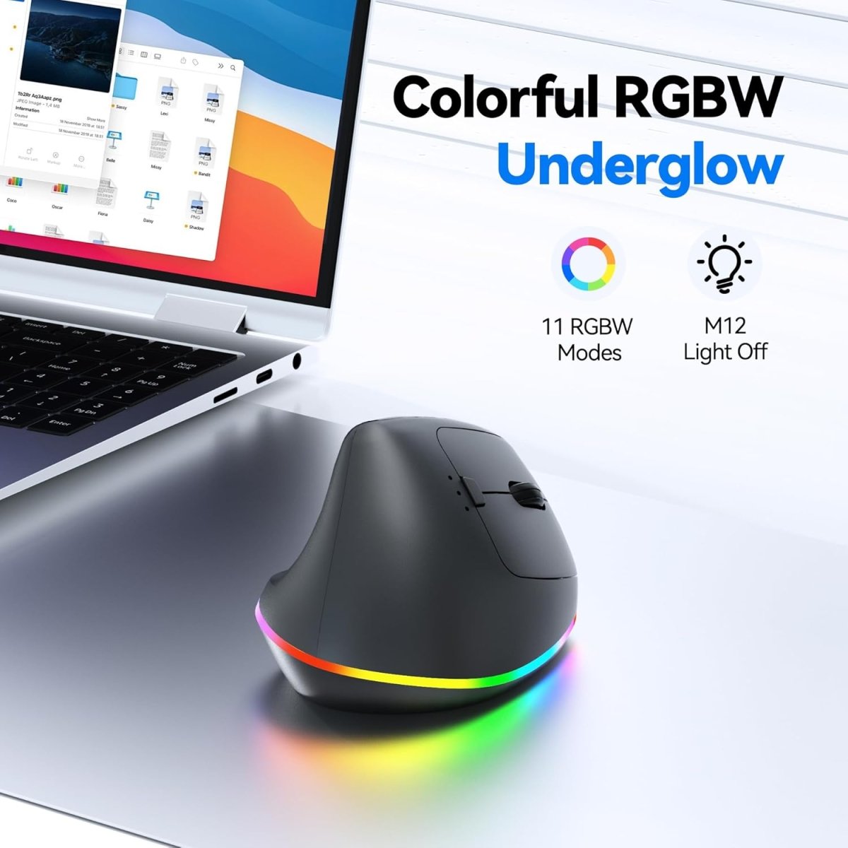 TECKNET Ergo MS055 vertical wireless mouse colorful RGBW underglow 11 RGBW lighting modes optional light‑off mode ergonomic rechargeable office computer mouse
