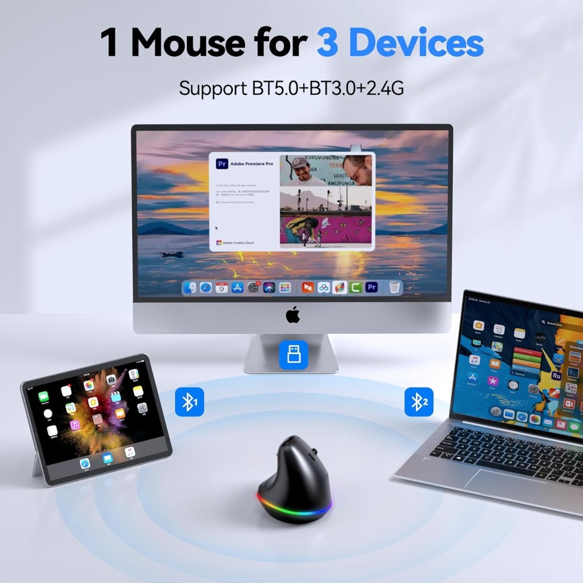 TECKNET Ergo MS055 vertical ergonomic wireless mouse connects to 3 devices, BT5.0 BT3.0 2.4G multi‑device switch for desktop laptop tablet office work