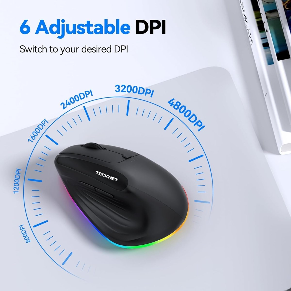 TECKNET Ergo MS055 vertical ergonomic wireless mouse with 6‑level adjustable DPI 800‑4800 customizable cursor sensitivity for office and daily work