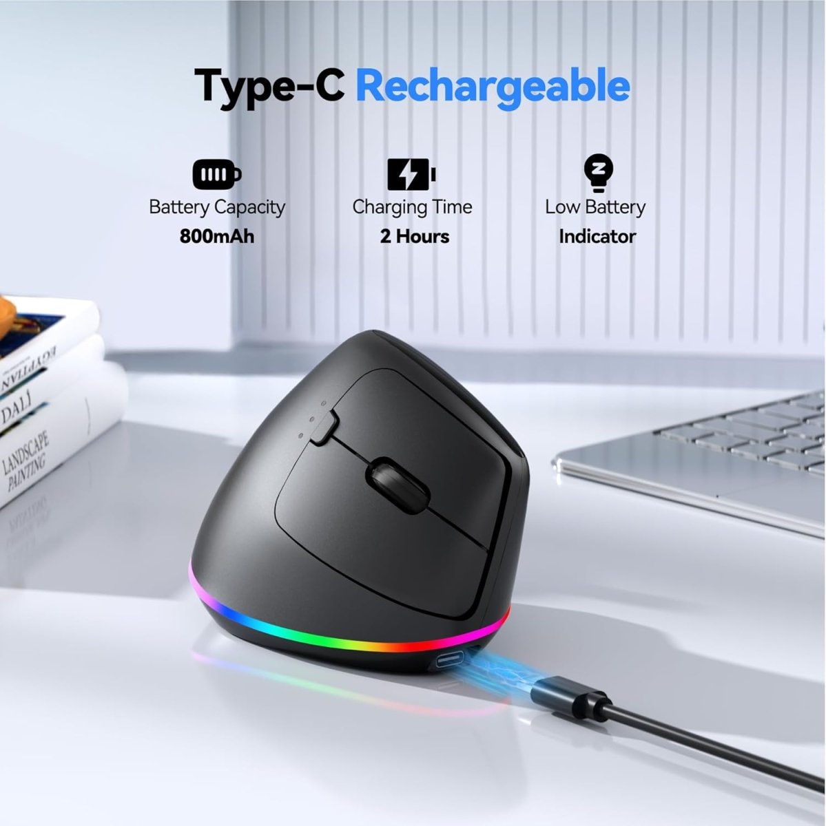TECKNET Ergo MS055 vertical ergonomic wireless mouse Type‑C rechargeable 800mAh battery 2‑hour charging low‑battery indicator RGB office computer mouse