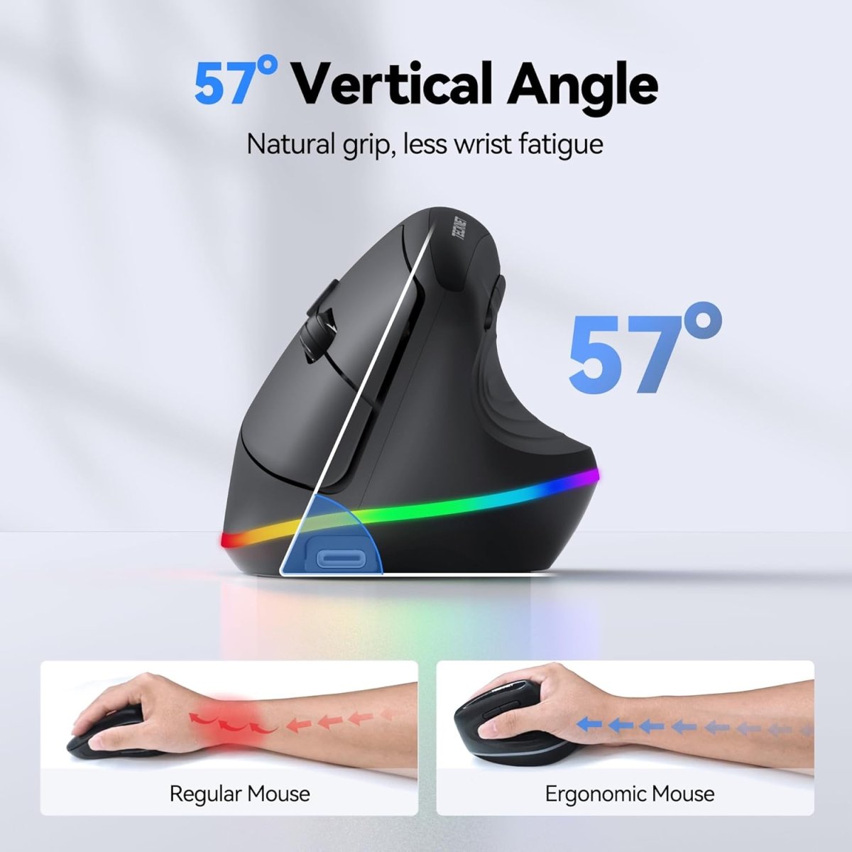 TECKNET Ergo MS055 57‑degree vertical ergonomic RGB mouse comparison chart natural grip reduce wrist fatigue versus standard flat mouse wireless rechargeable office mouse