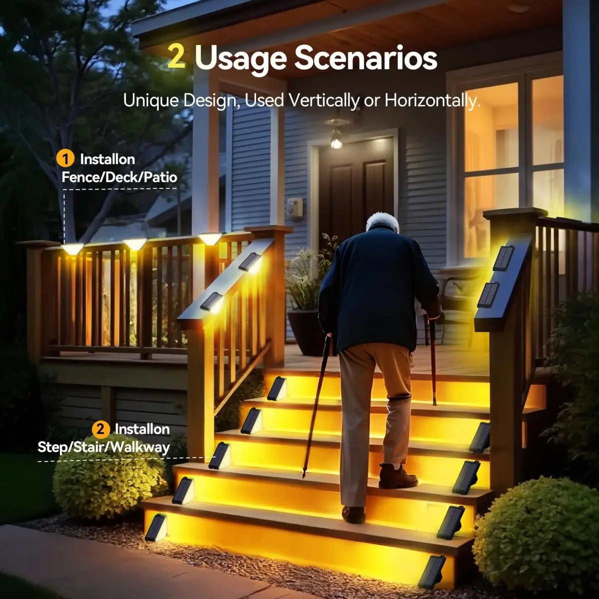 TECKNET TK‑SL015 solar stair deck lights application scene graphic, supports horizontal & vertical installation for fence, deck, patio, step and walkway for safe outdoor night illumination