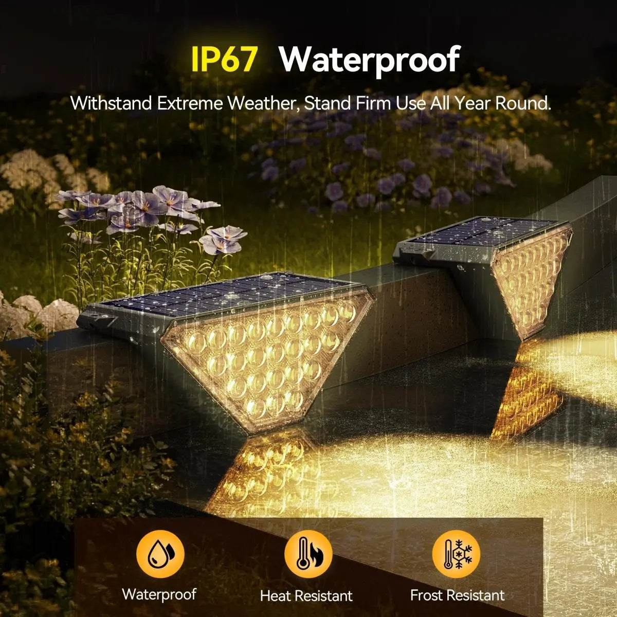 TECKNET TK‑SL015 solar outdoor lights IP67 weatherproof graphic, waterproof, heat‑resistant and frost‑resistant, withstand heavy rain and extreme temperature for year‑round stair deck outdoor lighting