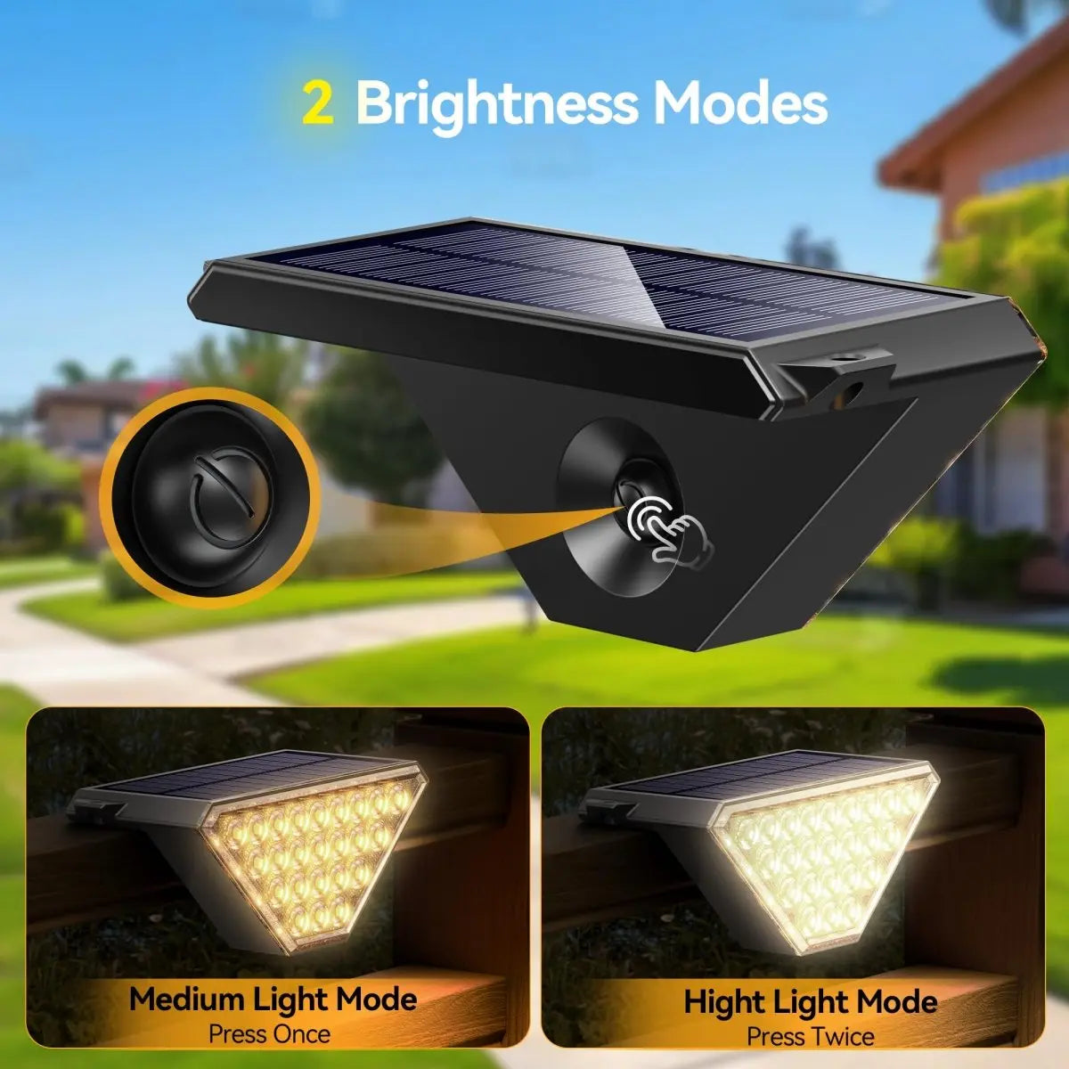 TECKNET TK‑SL015 solar stair light 2‑brightness‑mode demo, press‑button toggle Medium and High brightness, long‑lasting adjustable illumination for outdoor stair deck patio lighting