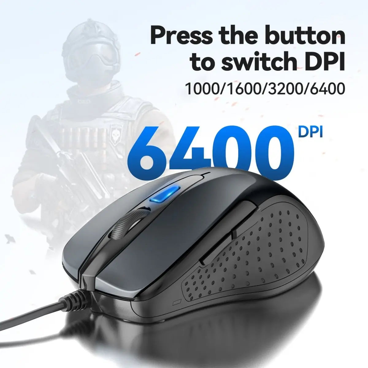 TECKNET UM013 Wired Ergonomic Mouse 4‑Level Adjustable DPI up to 6400DPI for Gaming and Office Work