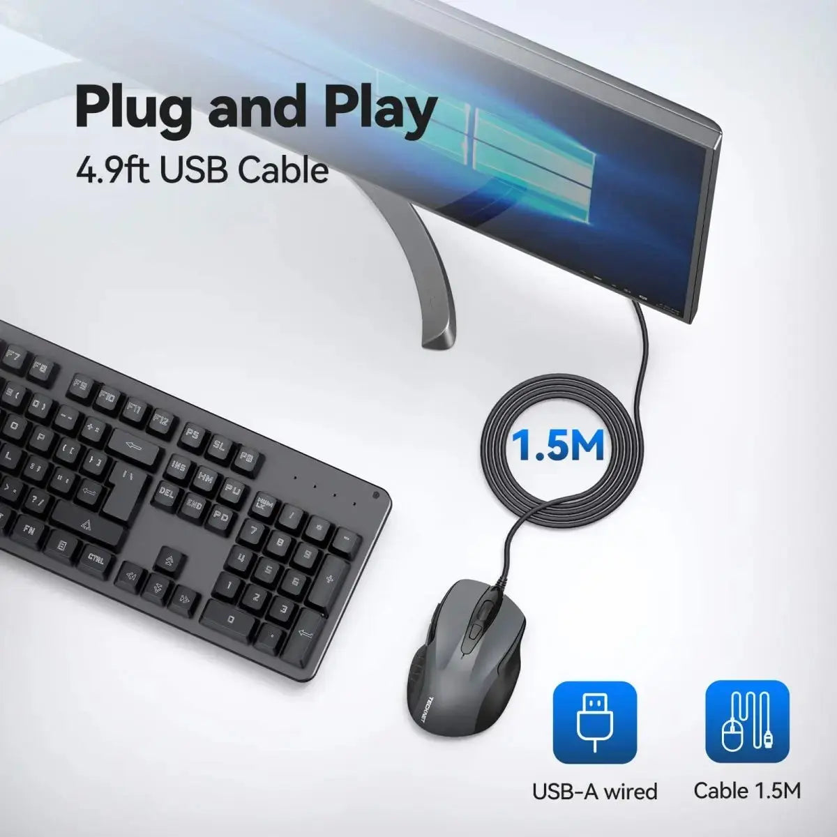 TECKNET UM013 Wired Ergonomic Mouse Plug‑and‑Play 1.5M 4.9ft USB‑A Cable Lag‑Free Wired Connection