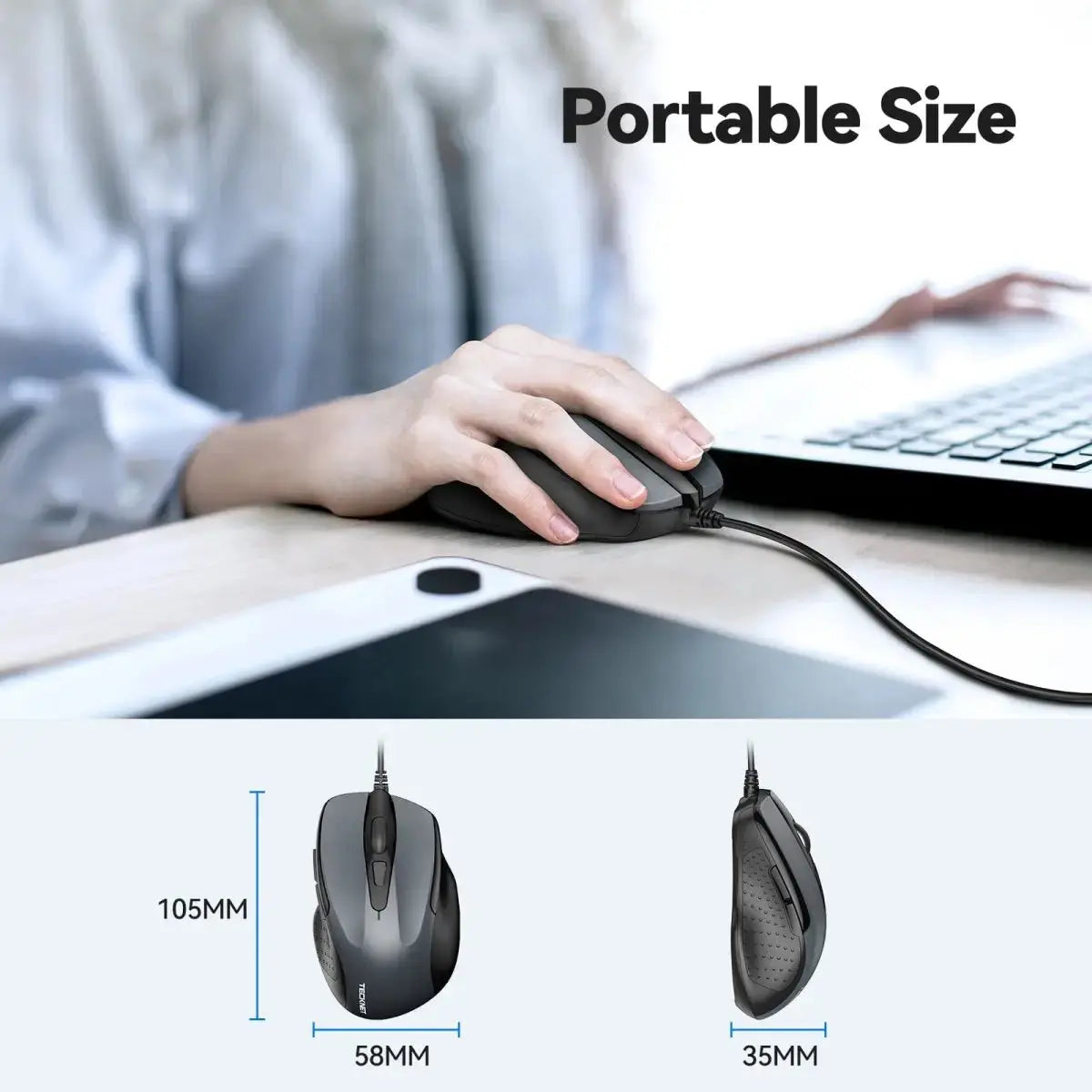 TECKNET UM013 Wired Ergonomic Mouse Portable Compact Size Physical Dimension Specs for Desktop Laptop Office Use