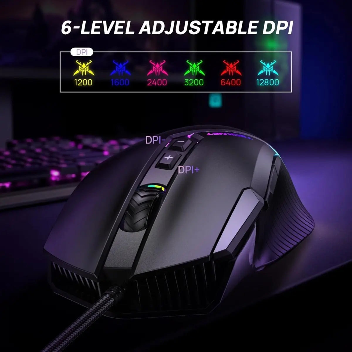 TECKNET GM002 gaming mouse 6‑level adjustable DPI max 12800 DPI RGB indicator wired gamer mouse