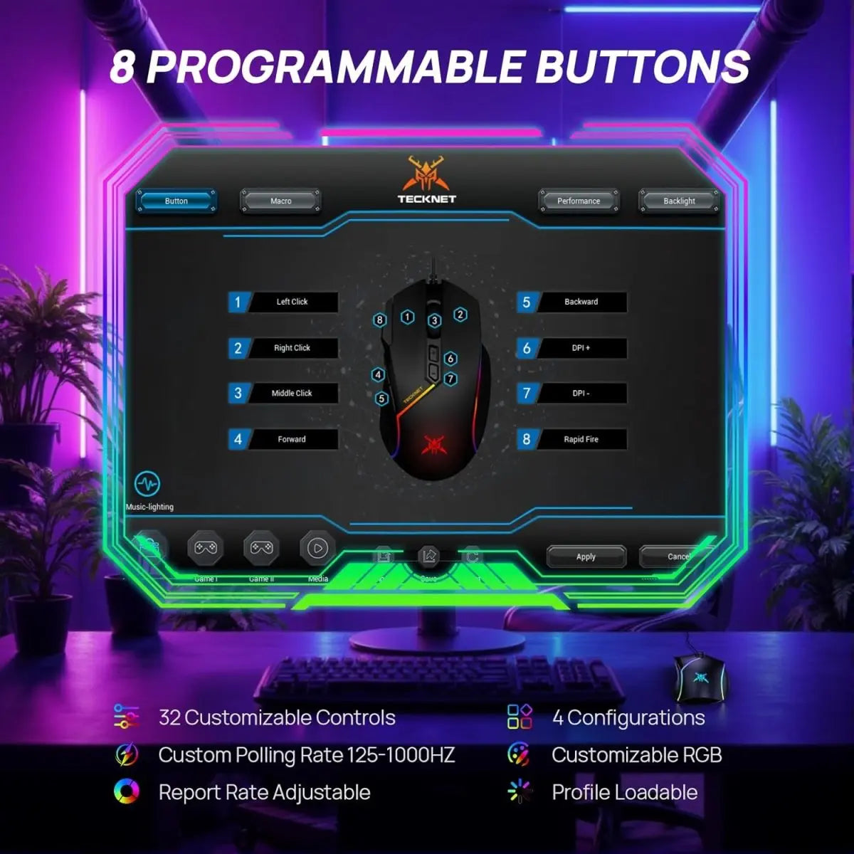 TECKNET GM002 gaming mouse driver software 8 programmable macro buttons customizable polling rate RGB
