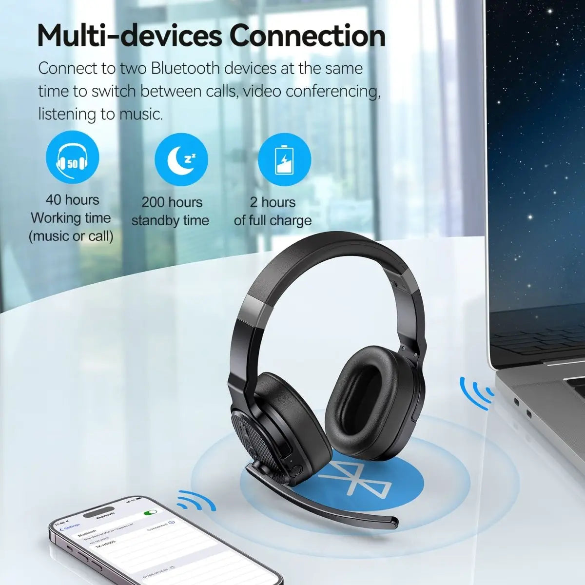TECKNET TK‑HS005 Trucker Bluetooth Headset multi‑devices simultaneous dual bluetooth connection with laptop smartphone for call conference music