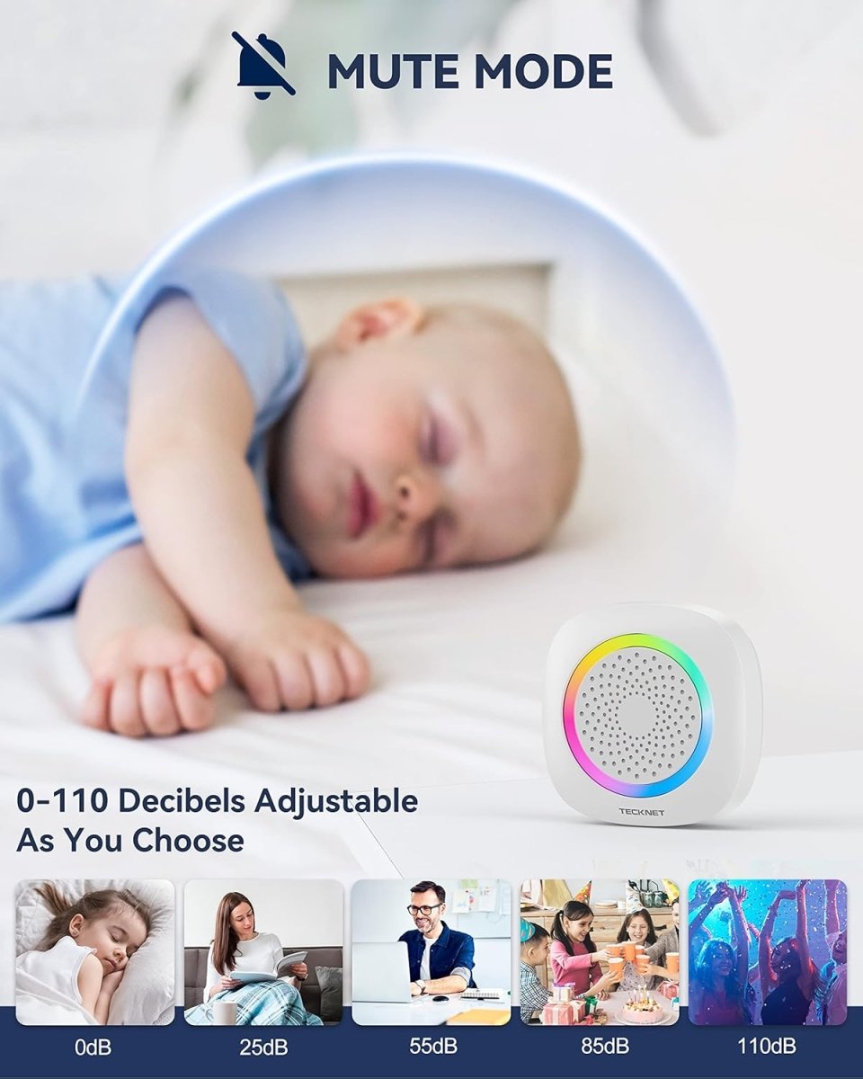TECKNET IP66 Waterproof Wireless Doorbell with 2 Portable RGB Light Receivers, 1300ft Range, and 4.5-Year Battery Life.