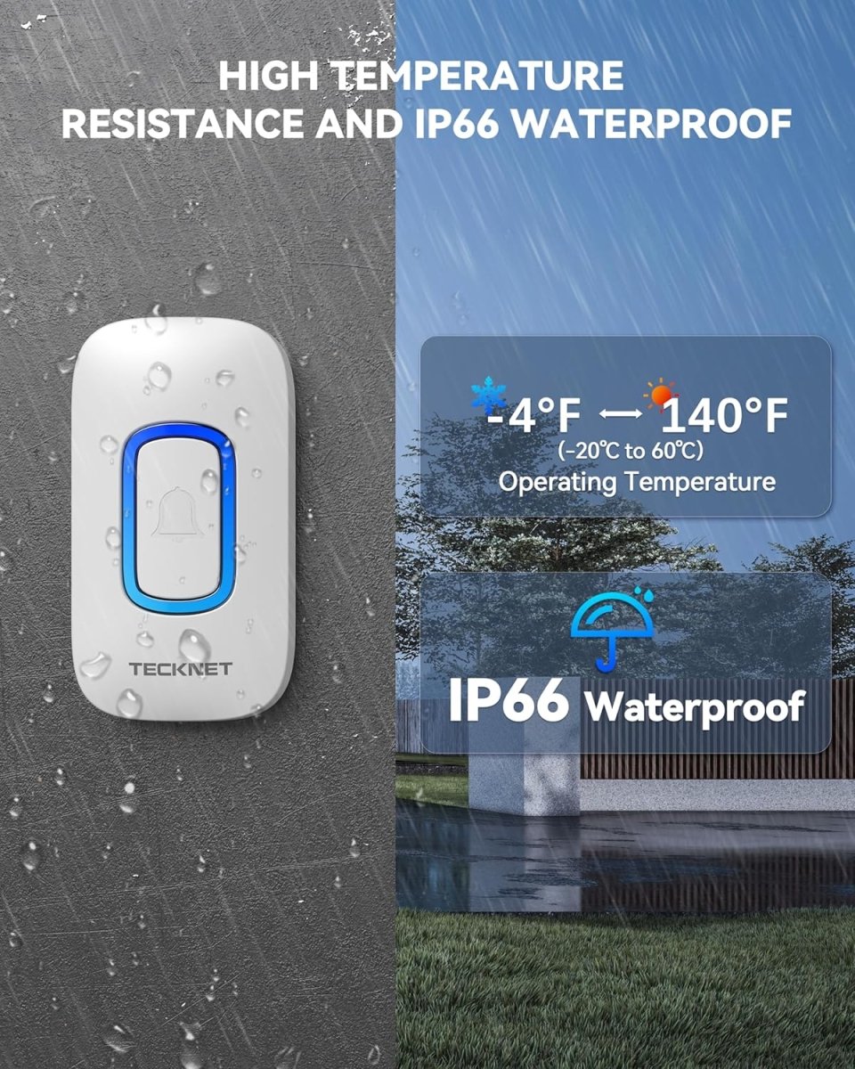 TECKNET IP66 Waterproof Wireless Doorbell with 2 Portable RGB Light Receivers, 1300ft Range, and 4.5-Year Battery Life.