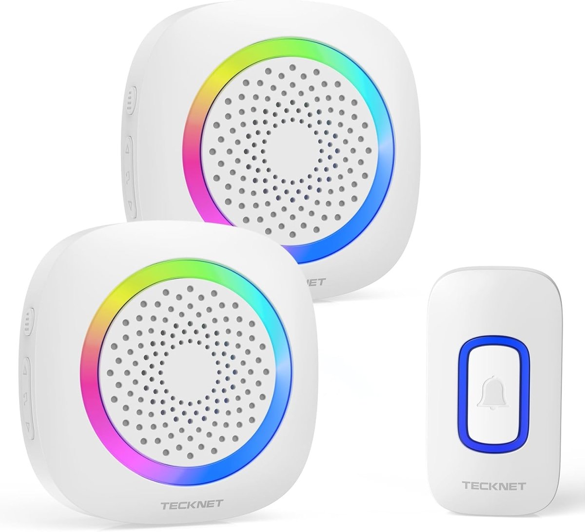 TECKNET IP66 Waterproof Wireless Doorbell with 2 Portable RGB Light Receivers, 1300ft Range, and 4.5-Year Battery Life.