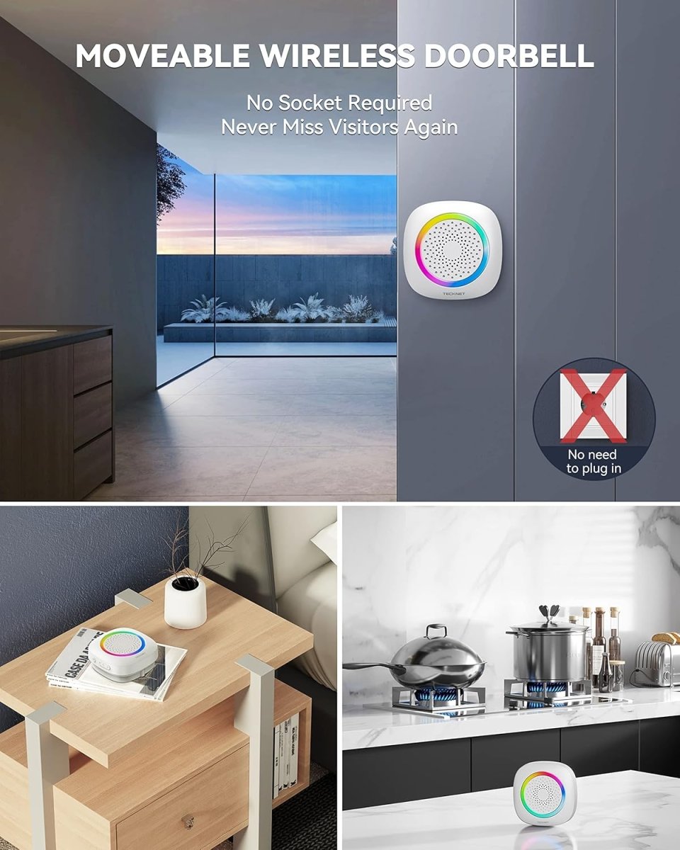 TECKNET IP66 Waterproof Wireless Doorbell with 2 Portable RGB Light Receivers, 1300ft Range, and 4.5-Year Battery Life.
