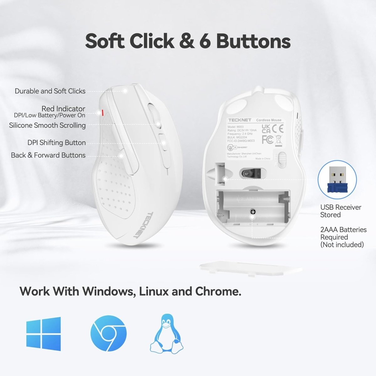TECKNET Wireless Mouse, 2.4G Ergonomic Optical Mouse, Computer Mouse for Laptop, PC, Computer, Chromebook, Notebook, 6 Buttons, 24 Months Battery Life, 2600 DPI, 5 Adjustment Levels