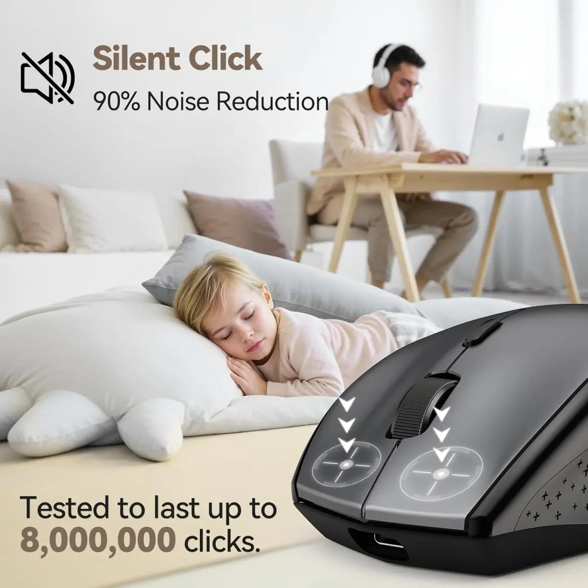 TECKNET MS002 Classic Jiggler Mouse Silent‑Click 90% Noise‑Reduction 8‑Million‑Click Durable Buttons Rechargeable Wireless Anti‑Sleep Office Mouse For Quiet Home Workspace