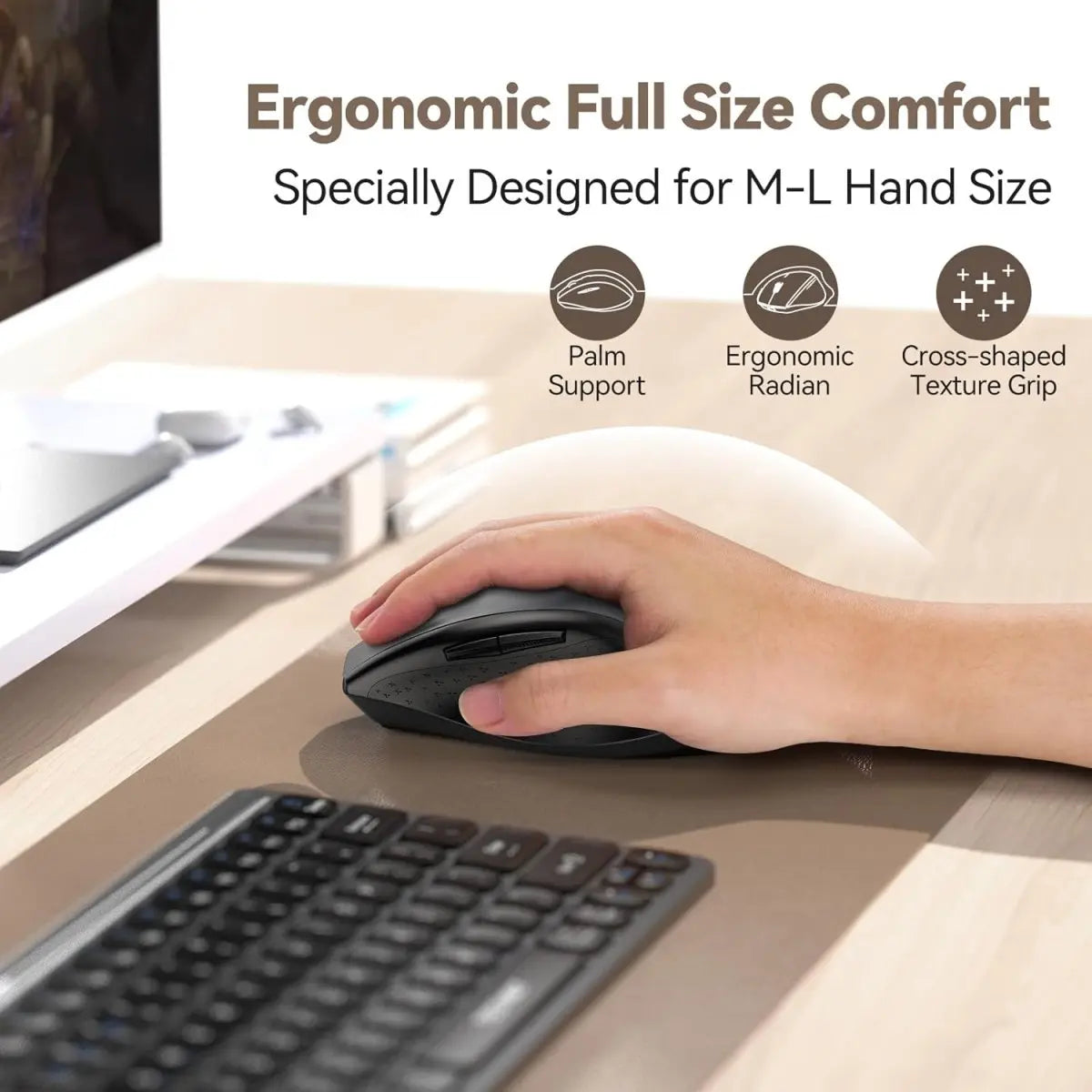 TECKNET MS002 Classic Jiggler Mouse Ergonomic Full‑Size Comfort Design For M‑L Hand‑Size Palm‑Support Ergonomic Radian Cross‑Shaped Texture‑Grip Rechargeable Office Mouse