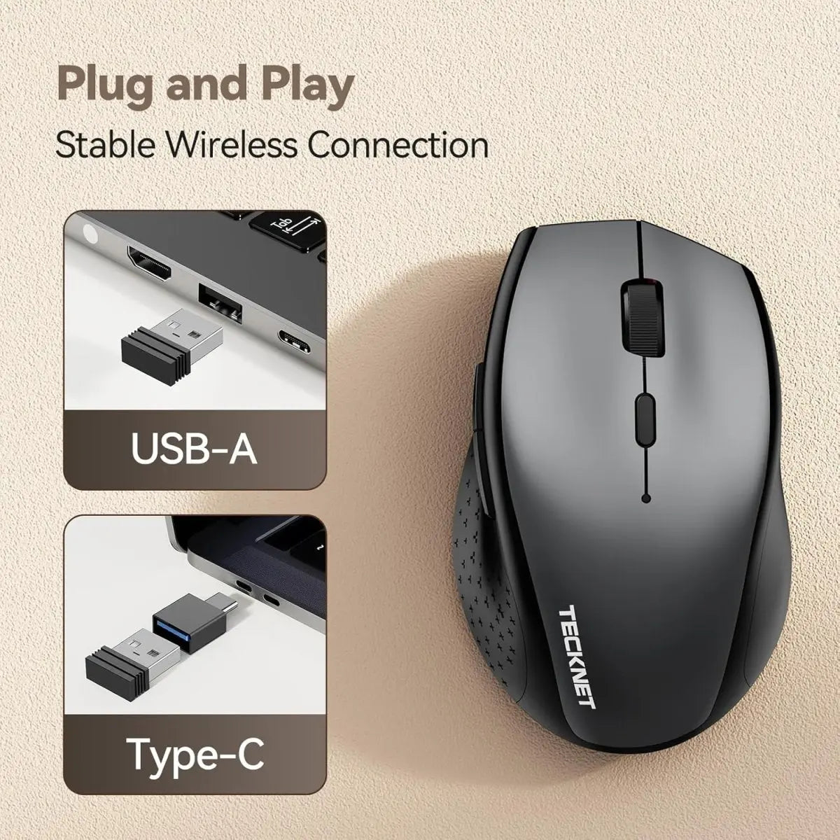 TECKNET MS002 Classic Jiggler Mouse Plug‑and‑Play Stable Wireless Connection USB‑A & Type‑C Dual‑Receiver Rechargeable Anti‑Sleep Office Mouse