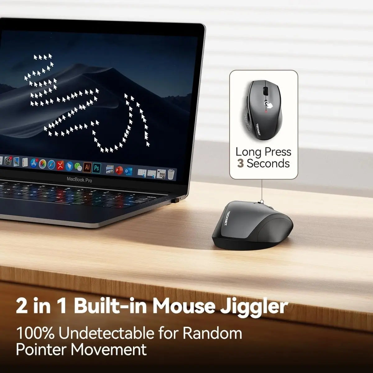 TECKNET MS002 Classic Jiggler Mouse Built‑In 2‑in‑1 Undetectable Mouse Jiggler Long‑Press‑3S Activation Random Pointer‑Movement Prevent PC Sleep Lock For Remote‑Work Office`